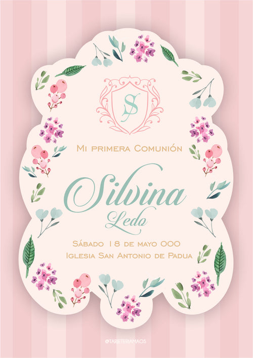 Comunion Escudo Flores Rosa Fondo Rayas Rosa